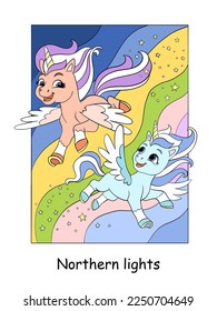 Cute unicorn twins flying in the sky. Vector color cartoon illustration in children style isolated on white background. For design, prints, posters, stickers, puzzle.