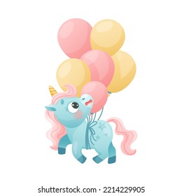 Cute Unicorn with Twisted Horn and Mane Flying with Bunch of Balloons Vector Illustration