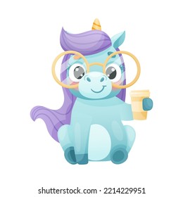 Cute Unicorn with Twisted Horn and Mane Wearing Glasses Sitting with Coffee Cup Vector Illustration