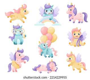 Cute Unicorn with Twisted Horn and Mane Engaged in Different Activity Vector Set