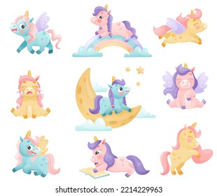 Cute Unicorn with Twisted Horn and Mane Engaged in Different Activity Vector Set