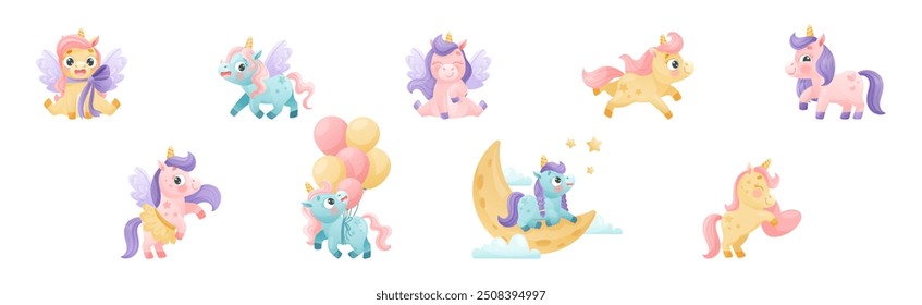 Lindo unicornio con cuerno retorcido y melena comprometido en diferentes actividades Vector conjunto