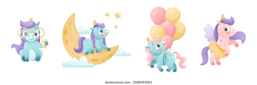 Lindo unicornio con cuerno retorcido y melena comprometido en diferentes actividades Vector conjunto