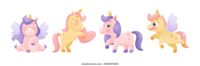 Cute Unicorn with Twisted Horn and Mane Engaged in Different Activity Vector Set