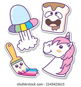 Cute unicorn, ufo and other objects doodle stickers