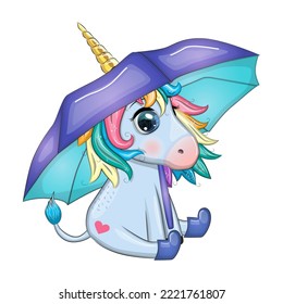 Cute unicorn with an umbrella, it's raining, yellow leaves and the inscription Autumn is coming