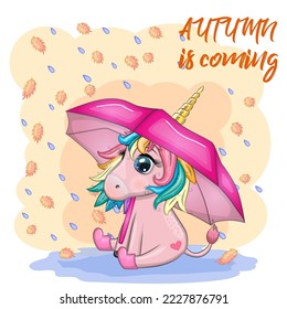 Cute unicorn with an umbrella, it's raining, yellow leaves and the inscription Autumn is coming