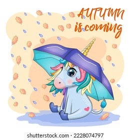 Cute unicorn with an umbrella, it's raining, yellow leaves and the inscription Autumn is coming