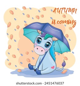 Cute unicorn with an umbrella, it's raining, yellow leaves and the inscription Autumn is coming