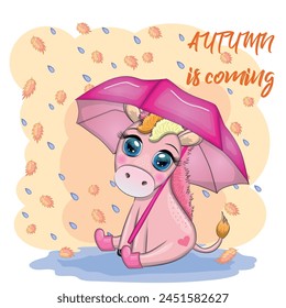 Cute unicorn with an umbrella, it's raining, yellow leaves and the inscription Autumn is coming