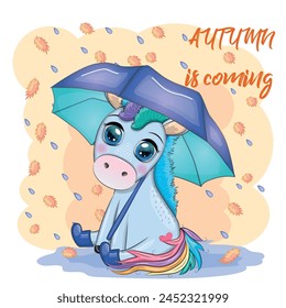 Cute unicorn with an umbrella, it's raining, yellow leaves and the inscription Autumn is coming