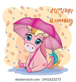 Cute unicorn with an umbrella, it's raining, yellow leaves and the inscription Autumn is coming