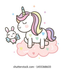 Cute Unicorn Vector with Angel Rabbit cartoon on could, Kawaii character, Fairytale pony for Nursery decoration: Illustration of Pastel Horse- Perfect for kid's greeting card design and Print.