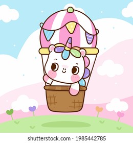 Cute Unicorn vector in balloon pony cartoon kawaii animals background: Series fairy tale characters horse (flat Girly doodles) summer season. Perfect Nursery children, kids,greeting card, baby shower.