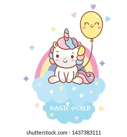 Cute Unicorn vector with balloon and rainbow on cloud and mini heart pastel color, Happy birthday party, Kawaii pony cartoon, Nursery decoration, hand drawn isolated on a white background for kids