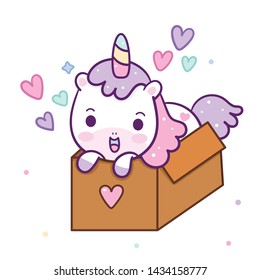 Cute Unicorn vector in the box for Happy birthday pastel color, Kawaii pony cartoon, Nursery decoration, hand drawn isolated on a white background: Fairytale horse- Perfect for kid's greeting card.