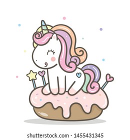 Cute Unicorn vector cake for birthdays. Sweet dessert, Kawaii pony cartoon, Nursery decoration for kid, hand drawn isolated on a white background: Illustration of fairytale horse in Flat style design