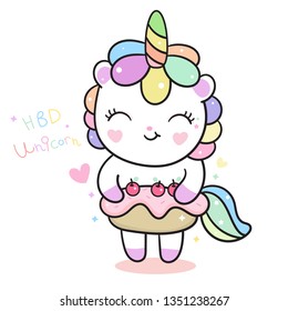 Cute Unicorn vector cake Happy Birthday Kawaii pony cartoon, hand drawn isolated on a white background (Pastel pattern): series Illustration of cute fairytale pony- Perfect for kid's greeting card.