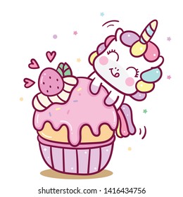 Cute Unicorn vector cake Happy birthday party Kawaii pony cartoon, Nursery decoration, hand drawn isolated on a white background: Illustration of fairytale horse- Perfect for kid's greeting card.