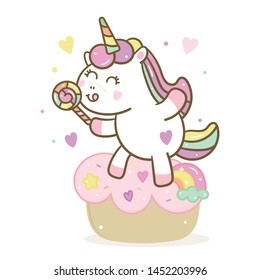 Cute Unicorn vector cake Happy birthday and candy Pastel color, Kawaii pony cartoon, Nursery decoration, hand drawn isolated on a white background: Illustration of fairytale horse in Flat style design