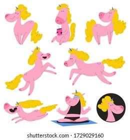 Cute unicorn vector cartoon characters set isolated on a white background.