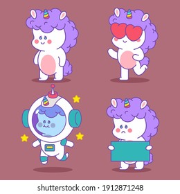 Cute Unicorn vector cartoon funny characters set isolated on background.