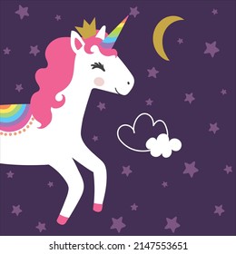 Cute unicorn. Vector cartoon illustration. Magic creature. Dark background isolated. Flat design, trendy style.Print for birthday, baby shower, wallpaper and kids t-shirt.Animal Pattern