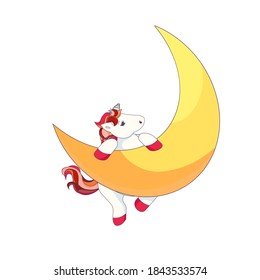 Cute Unicorn, vector Unicorn in Cartoon style, Isolated Unicorn on the Moon, Magical horse on white isolated background, vector stock illustration for Kids, Children’s goods fields.