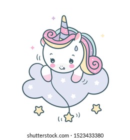 Cute Unicorn vector catching star pony cartoon Series: magic sleeping time for sweet dream Good night, Kawaii animal fairy character doodle. Perfect for invitations, children books, fashion, banners.