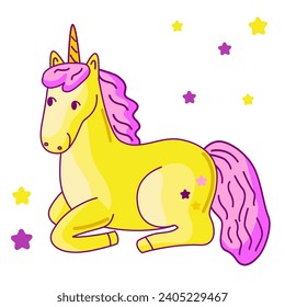 Cute unicorn vector children's illustration with pink mane and horn