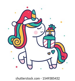 Cute unicorn vector Christmas character cartoon merry x mas wear santa hat: Happy New year festival snow season: Perfect kid greeting card, t-shirt print, inspiration poster. Romantic hand drawing.