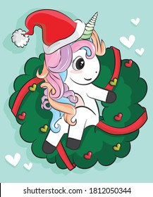 Cute unicorn vector Christmas character cartoon merry x mas wear santa hat. Happy New year festival snow season Perfect kid greeting card, t-shirt print, inspiration poster. Romantic hand drawing.