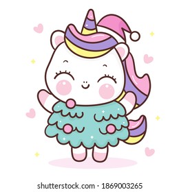 Cute Unicorn vector with christmas tree rainbow pony cartoon pastel background: Series fairy tale characters kawaii animals horse (flat Girly doodles). Perfect Nursery children, kids, greeting card.