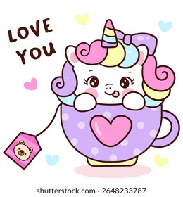 Cute Unicorn vector in coffee mug Fairy animal Kawaii Sticker. Adorable cartoon Flat clipart for Kid nursery Cafe shop and couple.