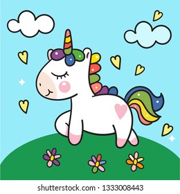 Cute Unicorn Vector Colorful Background Kawaii pony cartoon on garden (happy unicorn expressions): series Illustration of cute fairytale pony- Perfect for kid's greeting card design and Print for girl