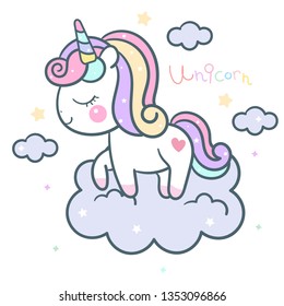 Cute Unicorn Vector Colorful Background Kawaii pony cartoon on cloud (happy unicorn expressions): series Illustration of cute fairytale pony sweet dream- Perfect for kid's greeting card design.