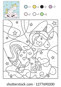 Cute unicorn vector coloring book by numbers for kids. Educational coloring game improve imagination.  To increase the level of concentration.
