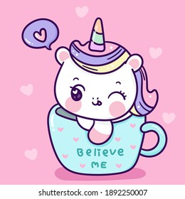 Cute Unicorn vector in cup with heart pony cartoon pastel background Valentines day festival: Series fairy tale characters kawaii animals horse (flat Girly doodles). Perfect Nursery children, kids.