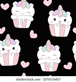Cute unicorn vector with cupcake cartoon (Kawaii animal) seamless pattern: Pastel color kid food dessert bakery product fabulous fashion child decoration cafe shop, Invitation post, t-shirt