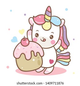 Cute Unicorn vector cupcake Happy birthday Kawaii pony cartoon, hand drawn isolated on a white background (Pastel pattern): Illustration of fairytale horse- Perfect for kid's greeting card design.