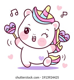 Cute Unicorn vector dance pony cartoon kawaii animals background Valentines day gift: Series fairy tale characters horse (flat Girly doodles). Perfect Nursery children, kids, greeting card, baby.