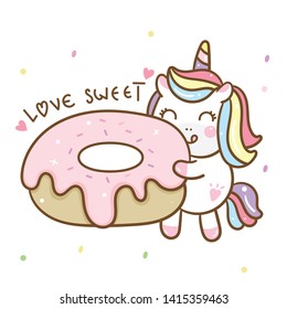 Cute Unicorn vector donut cake Happy birthday party Kawaii pony cartoon, hand drawn isolated on a white background (Pastel pattern): Illustration of fairytale horse- Perfect for kid's greeting card.