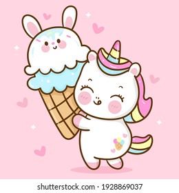 Cute Unicorn vector eat bunny icecream cone sweet dessert pastel color pony cartoon Kawaii Character:Series fairy tale horse (flat Girly doodles)Kid food dessert bakery product fabulous fashion child.