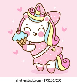 Vector de unicornio lindo come helado vestido de natación para el verano postre dulce de color pastel de pony caricatura Kawaii Carácter:Series cuento de hadas (garabatos planos de Girly)Panadería de postres de comida para niños.