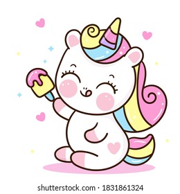 Cute Unicorn vector eating ice cream yummy dessert: Series fairy tale characters kawaii animals horse (flat Girly doodles)  Perfect cafe logo  Nursery children  kids  greeting card  baby shower girl 
