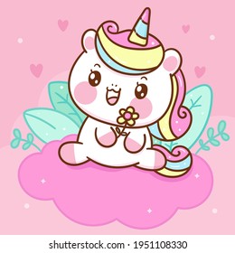 Cute Unicorn vector flower pony summer cartoon kawaii animals background: Series fairy tale characters horse (flat Girly doodles). Perfect Nursery children, kids, greeting card, baby shower girl.