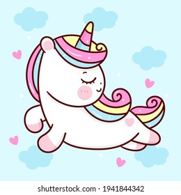 Cute Unicorn vector fly with sweet cloud pony cartoon kawaii animals background: Series fairy tale characters horse (flat Girly doodles). Perfect Nursery children, kids, greeting card, baby shower.