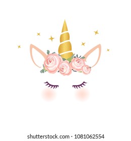 Cute unicorn vector graphic design. Cartoon unicorn head with flower crown illustration for card and shirt design