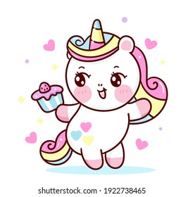 Cute Unicorn vector holding birthday cupcake pony cartoon pastel background: Series fairy tale characters kawaii animals horse (flat Girly doodles). Perfect Nursery children, kids, greeting card,baby.