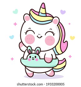 Cute Unicorn vector holding bunny rubber ring pony cartoon kawaii animals summer season: Series fairy tale characters horse (flat Girly doodles). Illustration on isolated white background. Perfect.